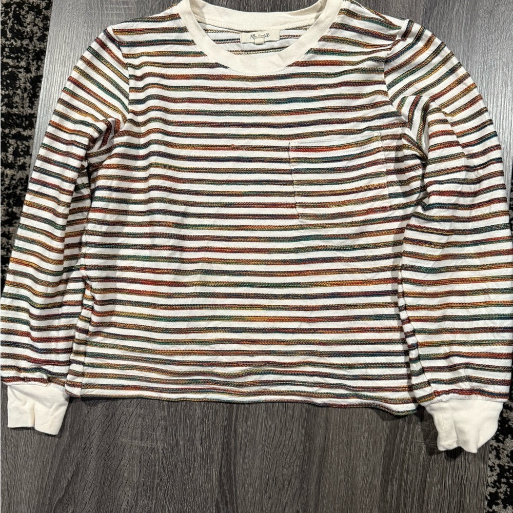 Madewell Kids Long Sleeve Striped Tee in Cream with Brown & Green Stripes - Picture 6 of 12